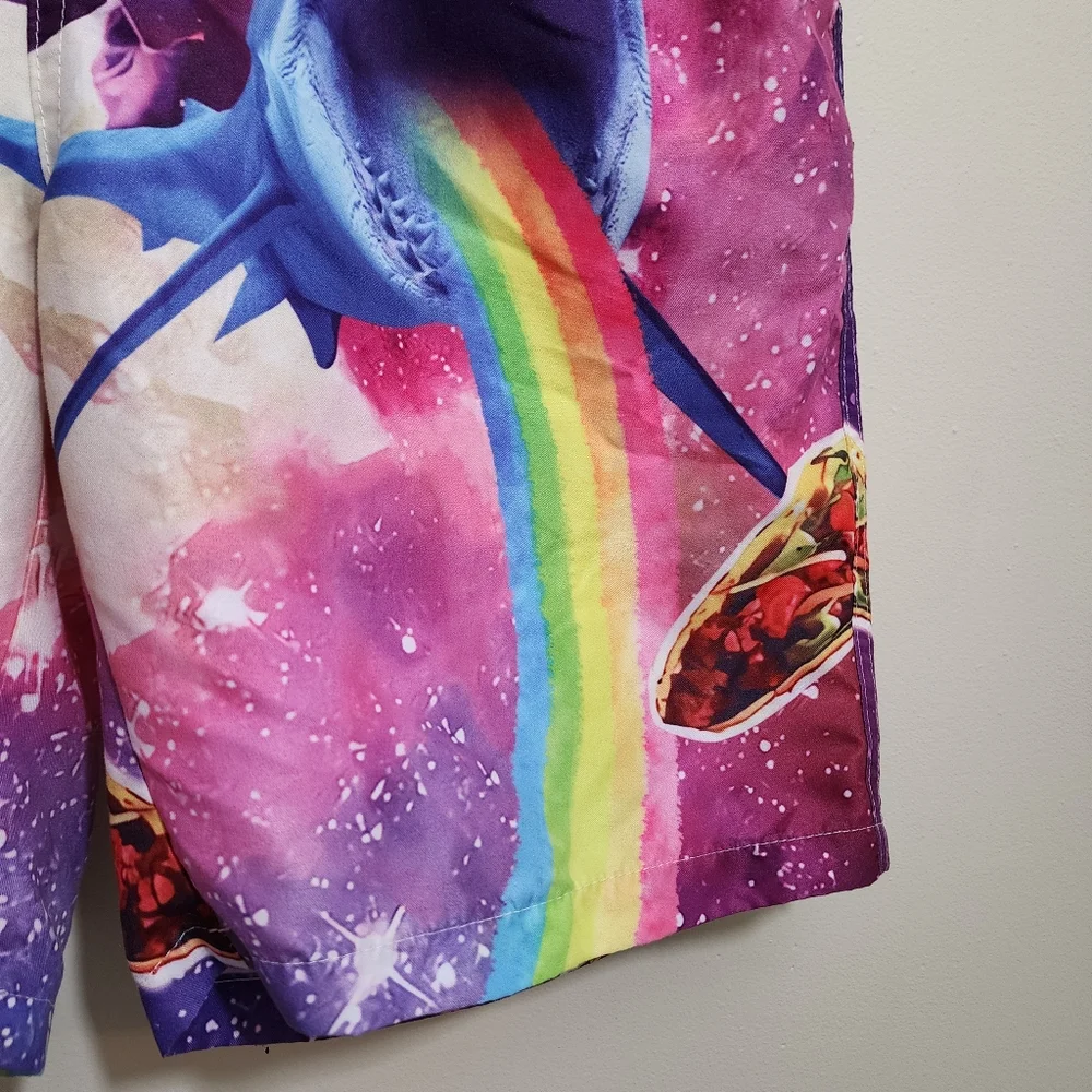 Cat riding a shark with tacos and rainbows swim suit men's size small